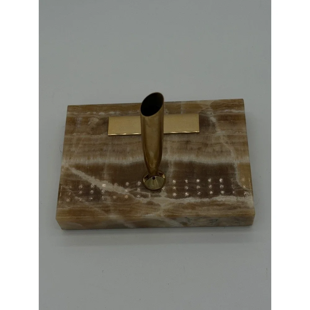 Vintage Onyx Stone Desk Pen Holder Gold Tone Base Mid Century Executive Decor